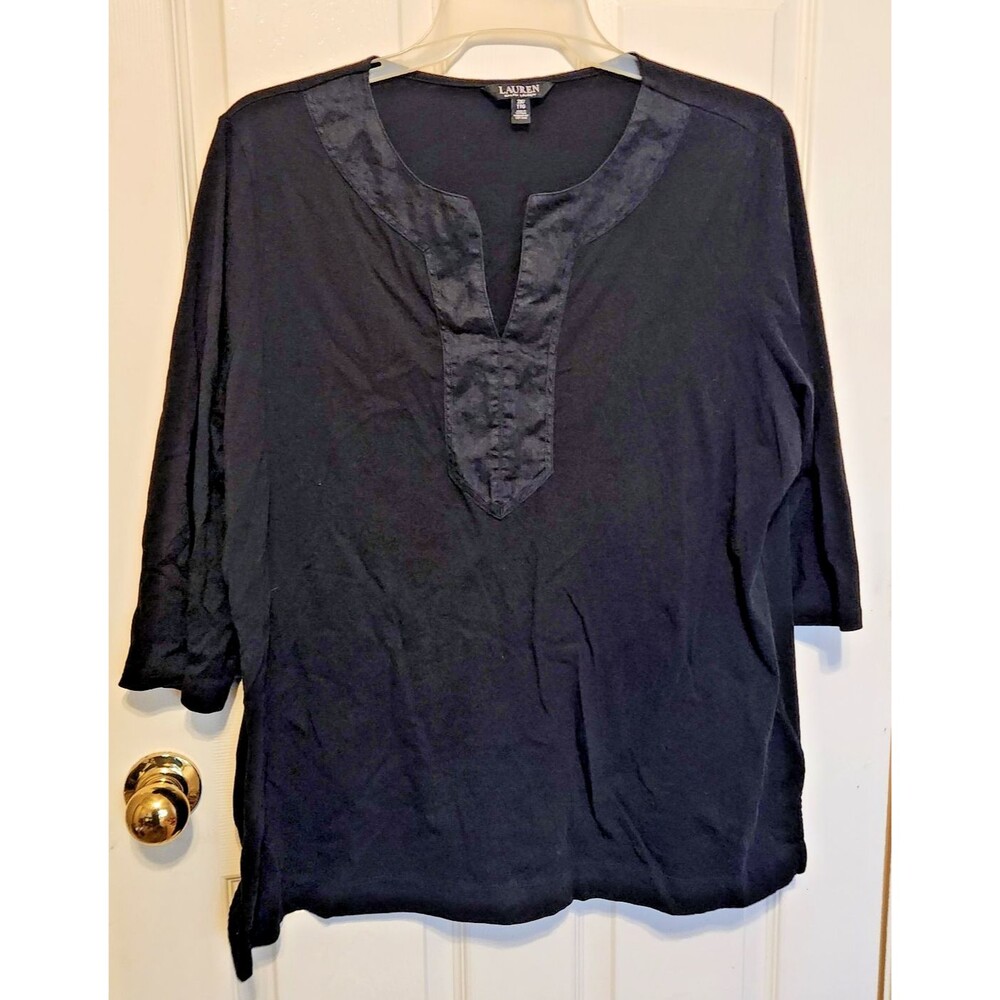 Lauren Ralph Lauren Womens 2X Black Tunic Top 3/4 Sleeve Satin Trim Plus Size